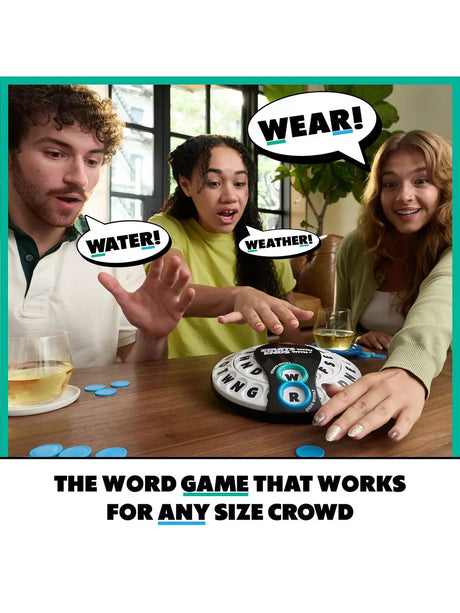 Three people playing Starts With Ends With with the spinner device on the table and speech bubbles above them