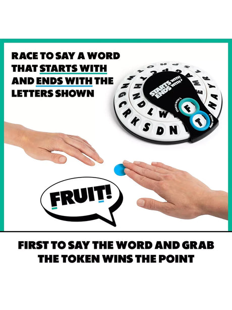 Two hands reaching toward the Starts With Ends With spinner and blue tokens during gameplay