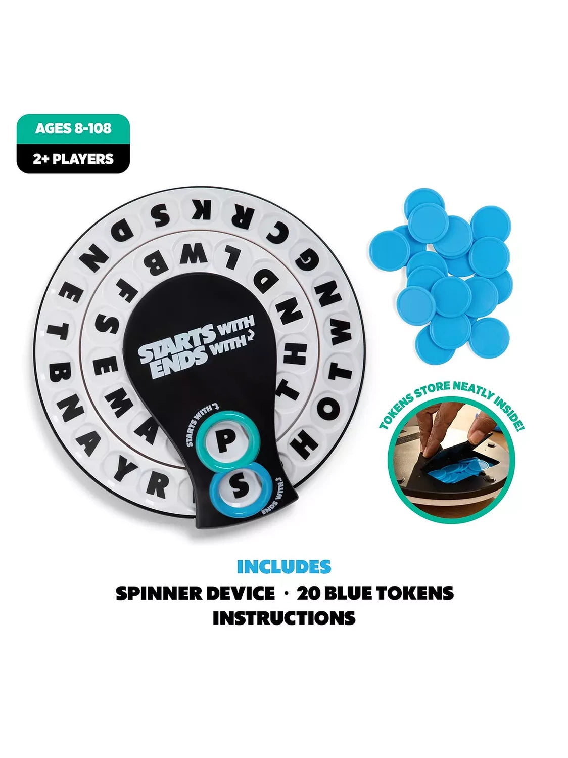 Starts With Ends With game box beside the spinner device and a pile of blue tokens on a white background