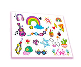 Steffi Love Beach Car decorative sticker sheet showing a rainbow, headphones, guitar, pizza slice, hearts, sunglasses, cactus, star and Steffi Love logo.