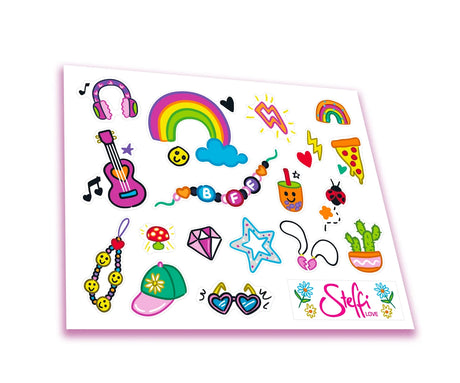 Steffi Love Beach Car decorative sticker sheet showing a rainbow, headphones, guitar, pizza slice, hearts, sunglasses, cactus, star and Steffi Love logo.