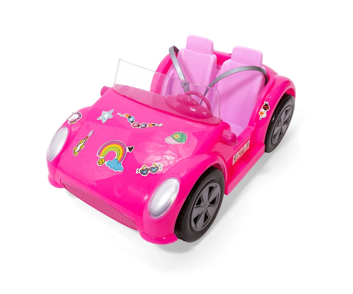 Steffi Love Beach Car pink convertible shown without the doll, featuring two pink seats, grey seatbelts, silver headlights and colourful rainbow and heart stickers.