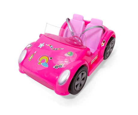 Steffi Love Beach Car pink convertible shown without the doll, featuring two pink seats, grey seatbelts, silver headlights and colourful rainbow and heart stickers.