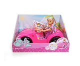 Steffi Love Beach Car retail packaging showing the blonde doll in her purple floral dress seated inside the pink convertible, with 19 decorative stickers pictured.