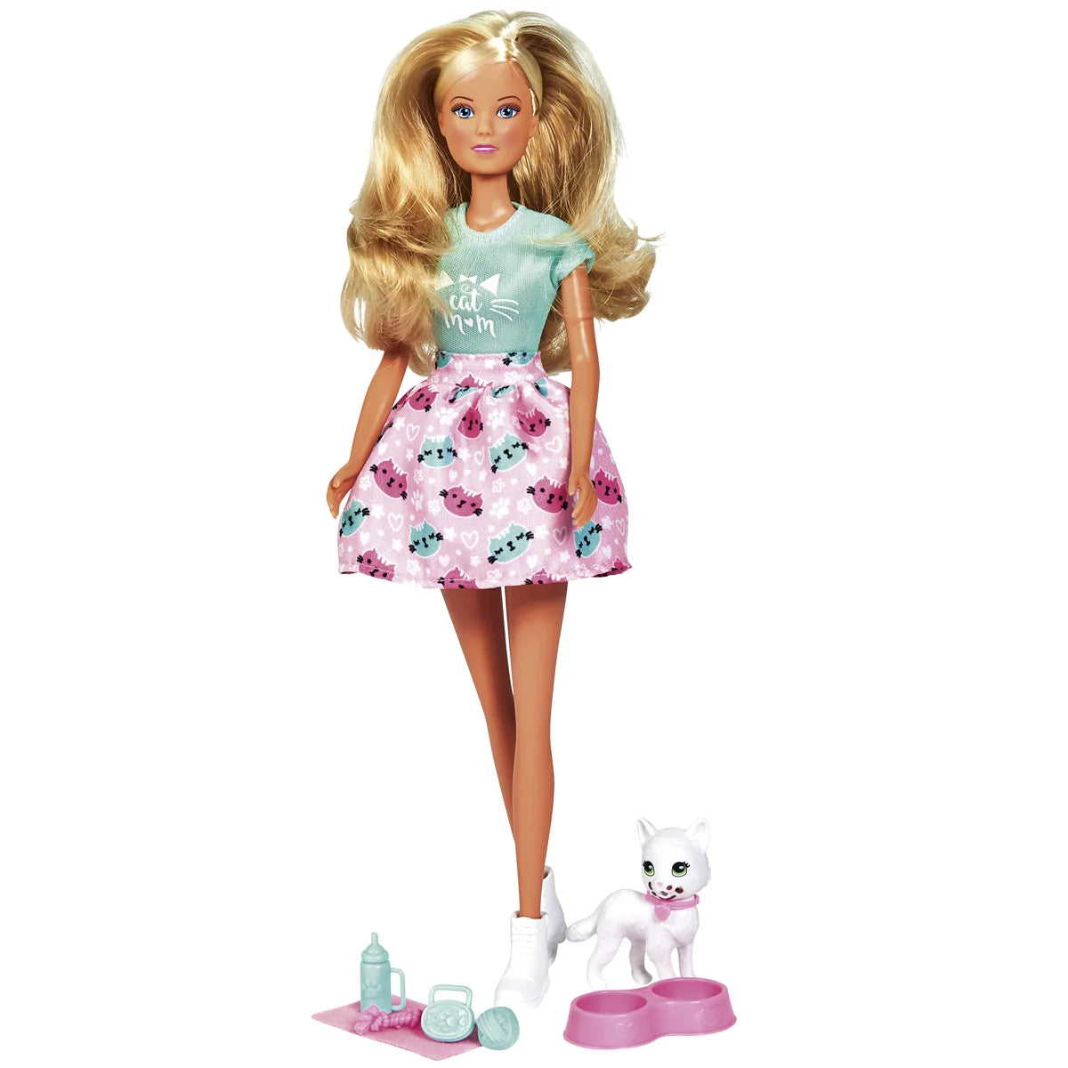 Steffi Love doll sitting with feeding bottle and white cat on lap – Ireland