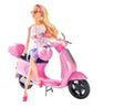 Steffi Love doll seated on a pink scooter wearing sunglasses and a pink headband, dressed in a spotted top and purple trousers