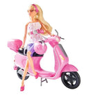 Steffi Love doll seated on a pink scooter wearing sunglasses and a pink headband, dressed in a spotted top and purple trousers