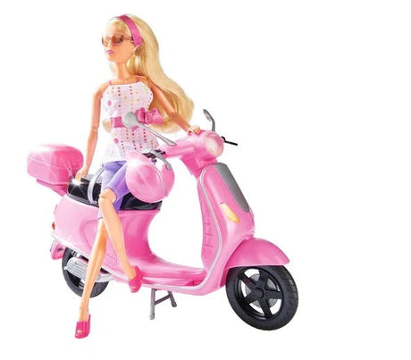 Steffi Love doll seated on a pink scooter wearing sunglasses and a pink headband, dressed in a spotted top and purple trousers