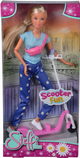 Steffi Love Scooter Fun doll displayed in box with illustrated background on a white background