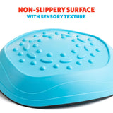 Close up of a single blue textured stepping stone showing non-slip top surface and rubber base