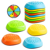 Large set of eight colourful stepping stones arranged in semicircle with included colour spinner visible