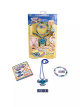Sticki Rolls Disney Stitch Pendant Pack shown with box, blue ball chain necklace with Stitch figure pendant, beaded bracelet with sticker rolls and charm tag, collector's manual and loose sticker rolls