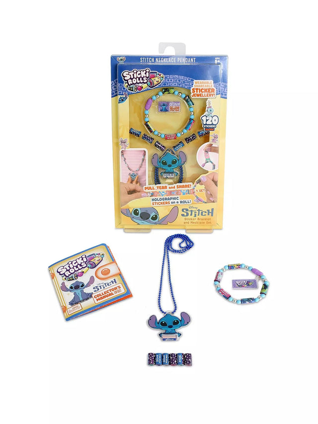 Sticki Rolls Disney Stitch Pendant Pack shown with box, blue ball chain necklace with Stitch figure pendant, beaded bracelet with sticker rolls and charm tag, collector's manual and loose sticker rolls