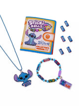 Sticki Rolls Disney Stitch Pendant Pack blue necklace with Stitch character pendant, teal and purple beaded bracelet with holographic sticker roll beads and Stitch charm tag, shown with collector's manual and loose sticker rolls
