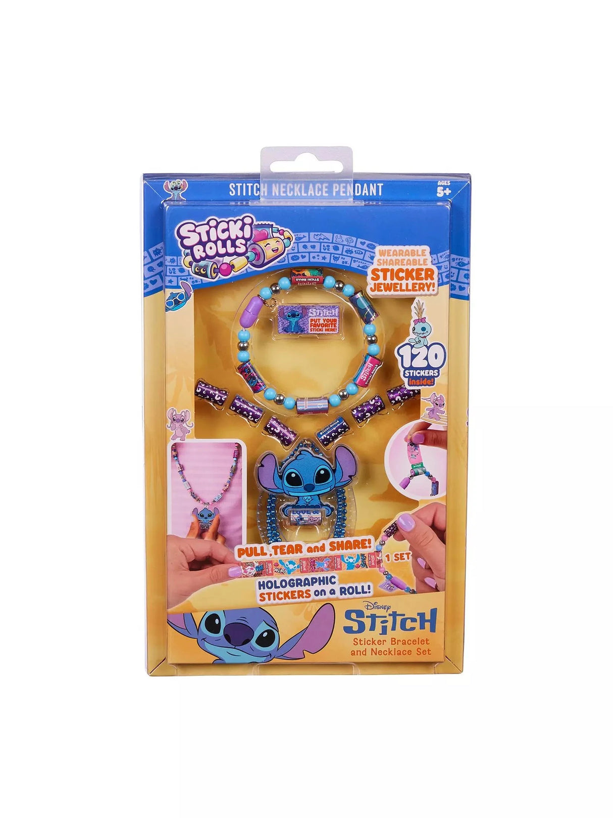 Sticki Rolls Disney Stitch Sticker Bracelet and Necklace Set front of retail box showing beaded bracelet, Stitch pendant necklace and 120 holographic stickers inside label