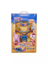 Sticki Rolls Disney Stitch Sticker Bracelet and Necklace Set front of retail box showing beaded bracelet, Stitch pendant necklace and 120 holographic stickers inside label