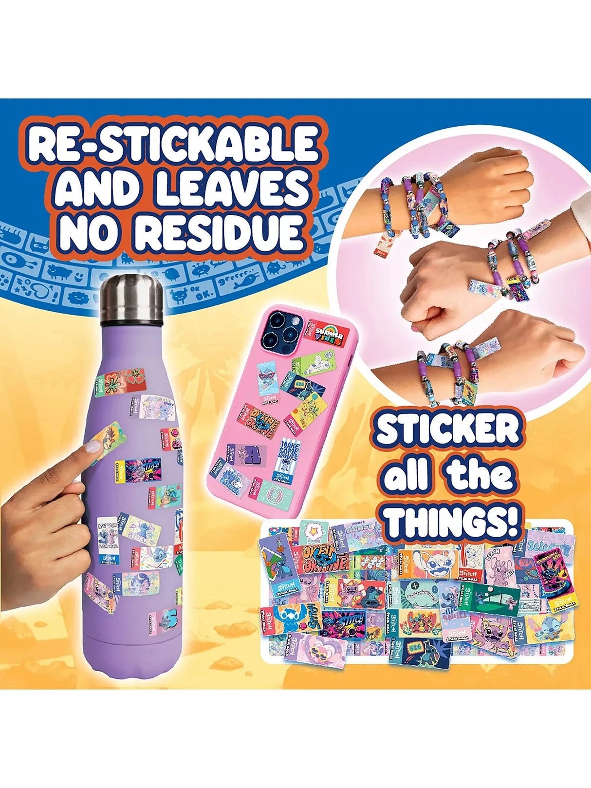 Sticki Rolls Disney Stitch stickers shown applied to a purple water bottle and pink phone case, with multiple Stitch holographic sticker rolls laid out and two wrists wearing sticker bead bracelets