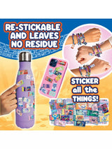 Sticki Rolls Disney Stitch stickers shown applied to a purple water bottle and pink phone case, with multiple Stitch holographic sticker rolls laid out and two wrists wearing sticker bead bracelets