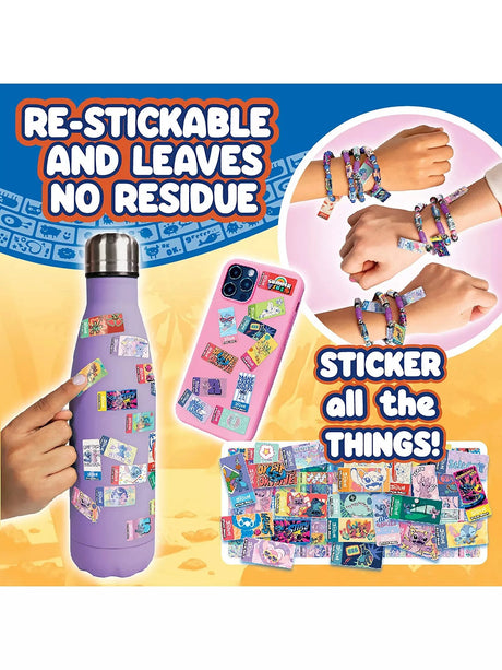 Sticki Rolls Disney Stitch stickers shown applied to a purple water bottle and pink phone case, with multiple Stitch holographic sticker rolls laid out and two wrists wearing sticker bead bracelets
