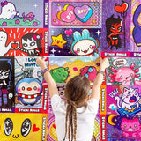Child decorating a wall with colourful Sticki Rolls Jumbo Sticki posters featuring cute cartoon and holographic designs