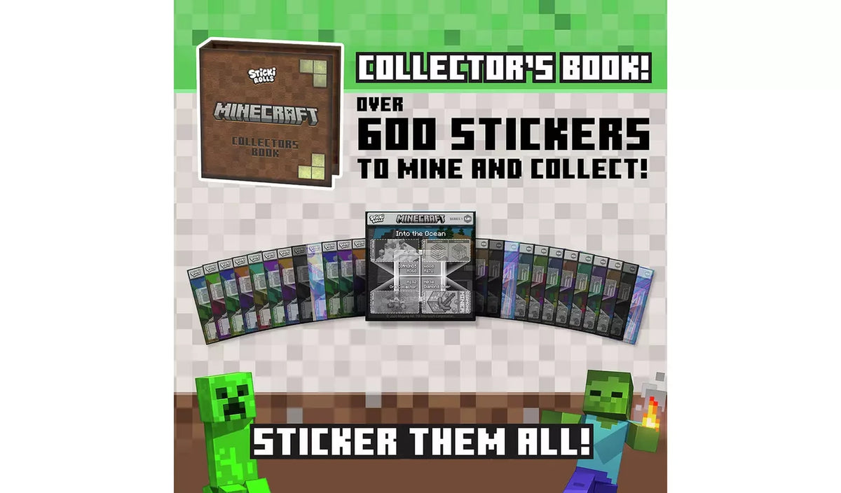 Sticki Rolls Minecraft collector's book with sticker rolls and text showing over 600 stickers to collect