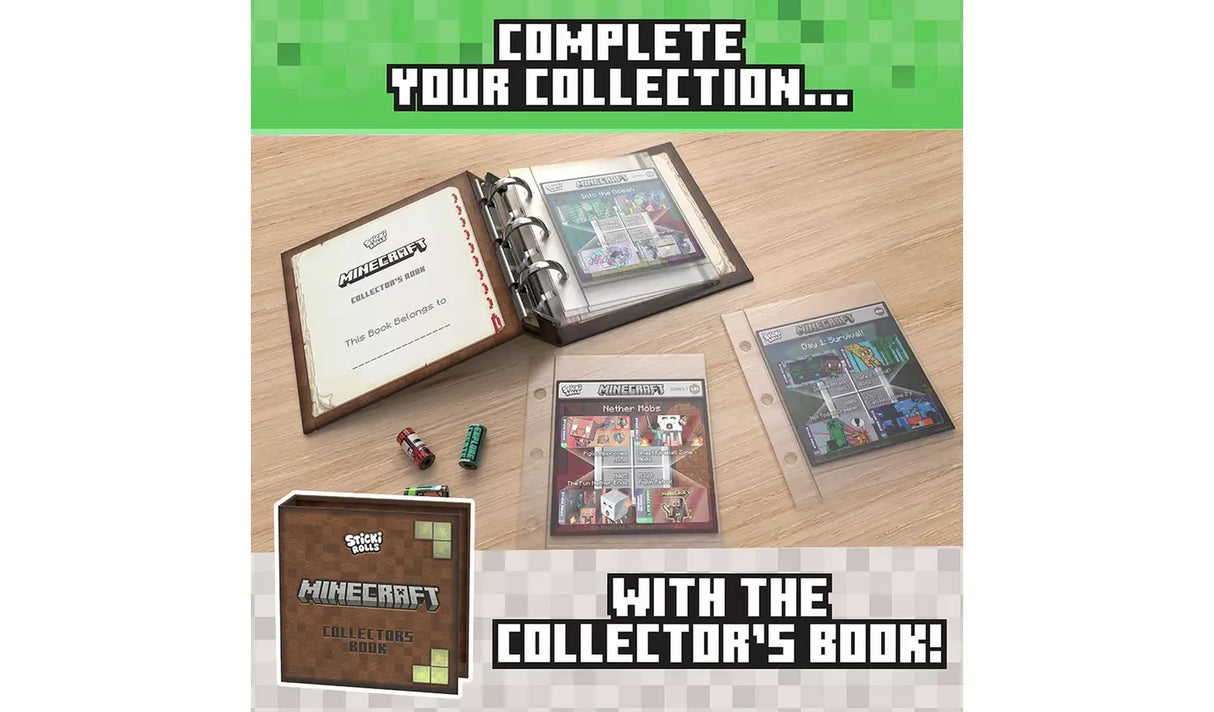 Open Sticki Rolls Minecraft collector's book with page cards, sticker pages and sticker rolls on a wooden surface