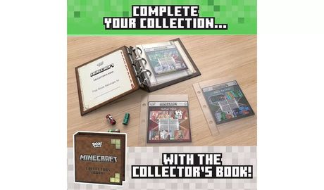 Open Sticki Rolls Minecraft collector's book with page cards, sticker pages and sticker rolls on a wooden surface