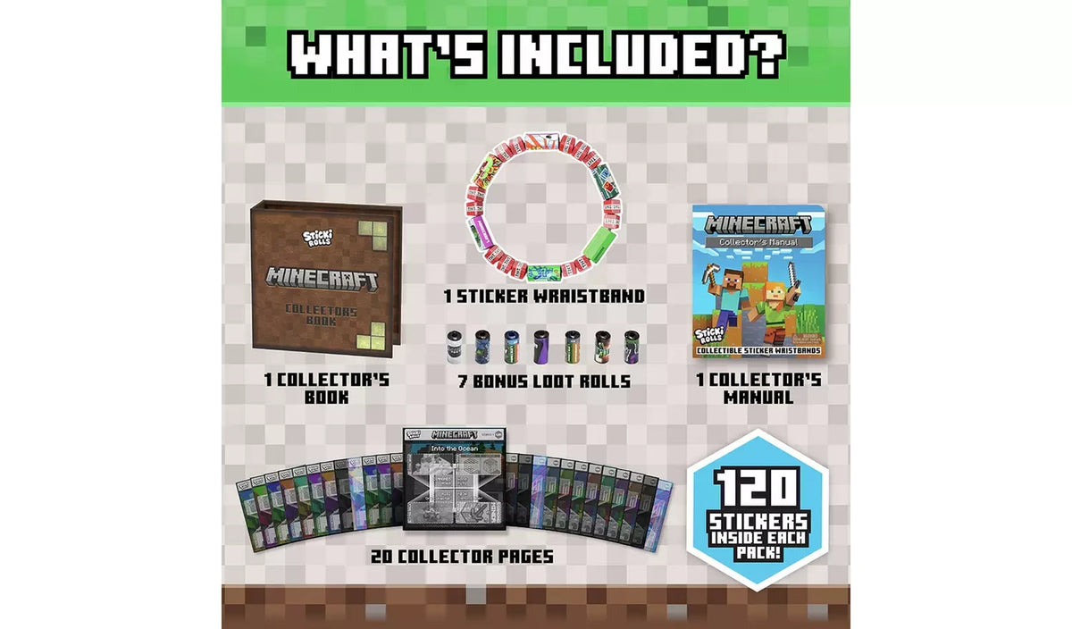 Sticki Rolls Minecraft contents image showing the collector's book, wristband, sticker rolls and collector pages