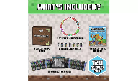 Sticki Rolls Minecraft contents image showing the collector's book, wristband, sticker rolls and collector pages