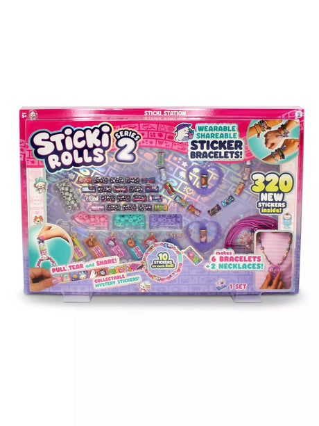 Sticki Rolls Series 2 Sticki Station front of retail box showing sticker roll bracelets, coloured beads, charm tags and necklace cords with 320 stickers inside label, makes 6 bracelets and 2 necklaces