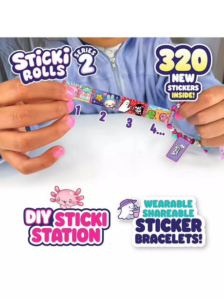 Sticki Rolls Series 2 sticker roll being pulled apart by two hands to reveal individual holographic stickers numbered 1 to 4, with a finished beaded bracelet with charm tag visible to the right