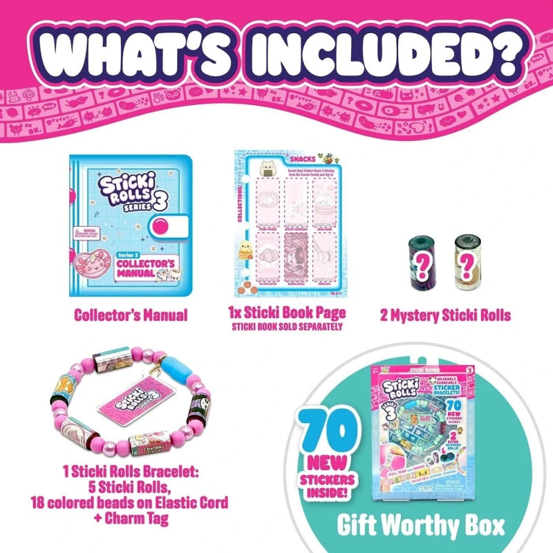 Sticki Rolls Series 3 contents guide showing collector's manual, Sticki Book page, two mystery rolls and sticker bracelet