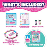 Sticki Rolls Series 3 contents guide showing collector's manual, Sticki Book page, two mystery rolls and sticker bracelet