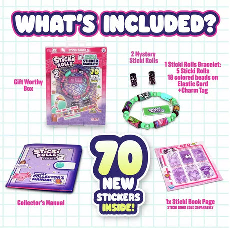 Sticki Rolls Sticki Band Series 2 contents layout with bracelet, collector’s manual and 70 stickers in Ireland