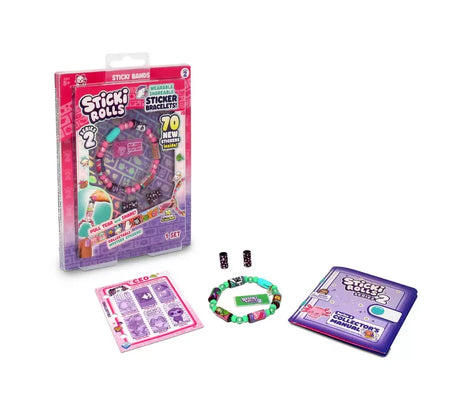Sticki Rolls Sticki Band Series 2 set showing bracelet, mystery sticker rolls, manual and packaging in Ireland