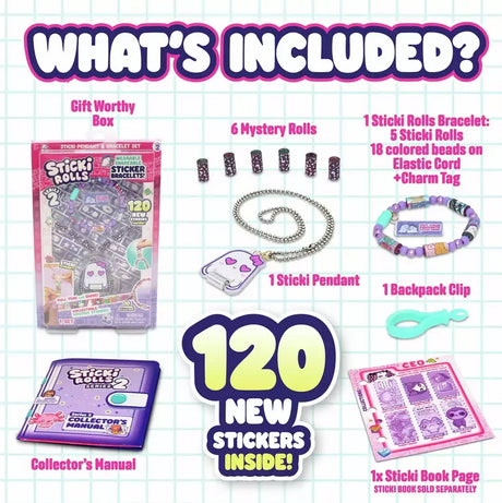 Sticki Rolls Sticki Pendant Activity Pack Series 2 set contents with bracelet, pendant and stickers in Ireland