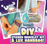 DIY sticker bracelet kit and lux handbag promotional image showing sticker-covered teal cylinder case worn as a crossbody bag and bracelets on a wrist