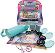 Flat lay of Sticki Rolluxe contents including teal cylinder case, open mini compartments with beads and cords, sticker sheets, and completed bracelet and necklace