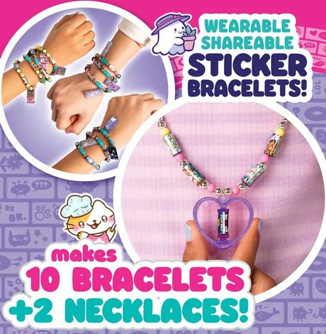 Close-up of wearable sticker bracelets on wrists and a beaded necklace with heart pendant, with text reading makes 10 bracelets and 2 necklaces