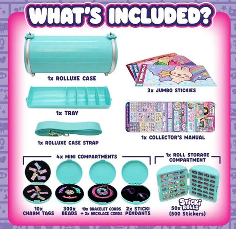 What's Included infographic showing Rolluxe case, tray, strap, 4 mini compartments, roll storage compartment, jumbo stickies, and collector's manual