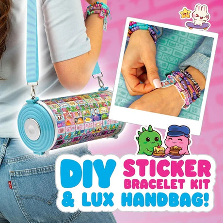 Blue cylindrical Sticki Rolluxe handbag covered in colourful stickers, worn with a turquoise shoulder strap, alongside a close-up of multiple decorated sticker bracelets.