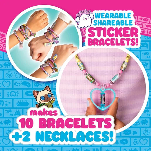 Colourful Sticki Rolls sticker bracelets worn on several wrists, with a beaded necklace featuring a turquoise heart shaped pendant and miniature sticker roll.