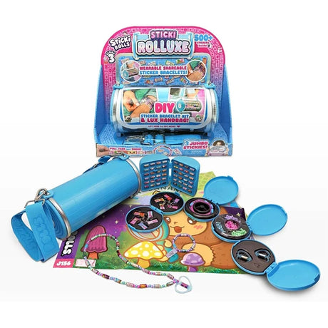 Sticki Rolls Series 3 Sticki Rolluxe retail packaging with blue cylindrical handbag, adjustable strap, opened storage compartments, jewellery making accessories and colourful sticker sheets.
