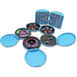 Open blue Sticki Rolluxe storage compartments containing colourful beads, pink and turquoise jewellery cords, metal clasps, charm tags and rows of sticker rolls on a white background.