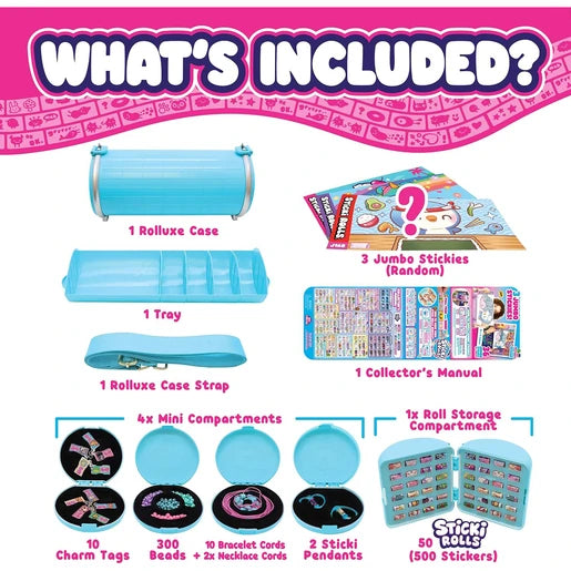 Sticki Rolluxe contents diagram showing the blue handbag, adjustable shoulder strap, removable tray, sticker storage compartment, four mini compartments, beads, cords, charms and jumbo stickers.