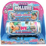 Sticki Rolls Series 3 Sticki Rolluxe in pink and blue retail display packaging, showing the cylindrical handbag, blue shoulder strap, bracelet photographs and 500 stickers branding.
