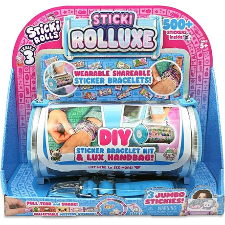 Sticki Rolls Series 3 Sticki Rolluxe in pink and blue retail display packaging, showing the cylindrical handbag, blue shoulder strap, bracelet photographs and 500 stickers branding.