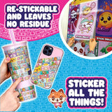 Colourful Sticki Rolls stickers applied to a transparent drinks cup and pink smartphone case, with a child placing character stickers onto a decorated surface.