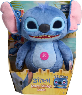 Boxed Disney Stitch Many Moods plush with eyes off, button icon on belly, and branded packaging visible in Ireland