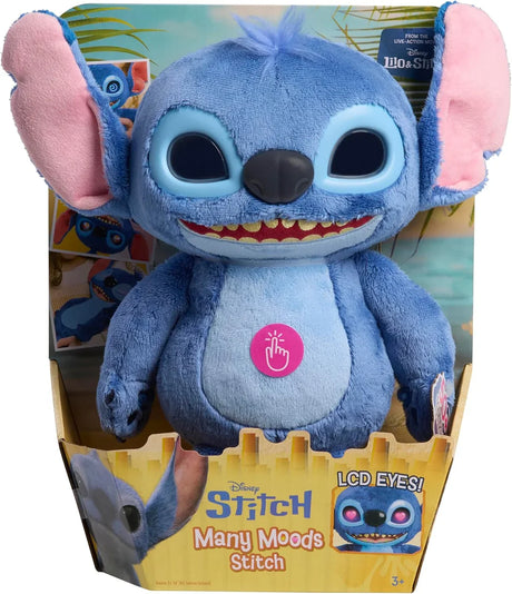 Boxed Disney Stitch Many Moods plush with eyes off, button icon on belly, and branded packaging visible in Ireland